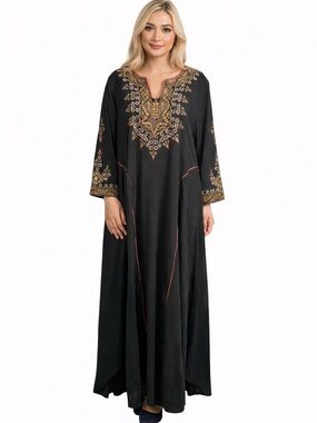 Soft Surroundings Embroidered Black and Gold Kaftan Maci Dress Size L